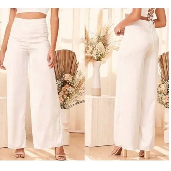 Lulus Pants - Lulus White Satin Wide-Leg Pants Size Large NWOT